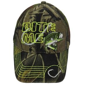 Men's Camo Fishing Hat Bass BITE ME Neon Green Embroidered Snapback Cap Outdoor
